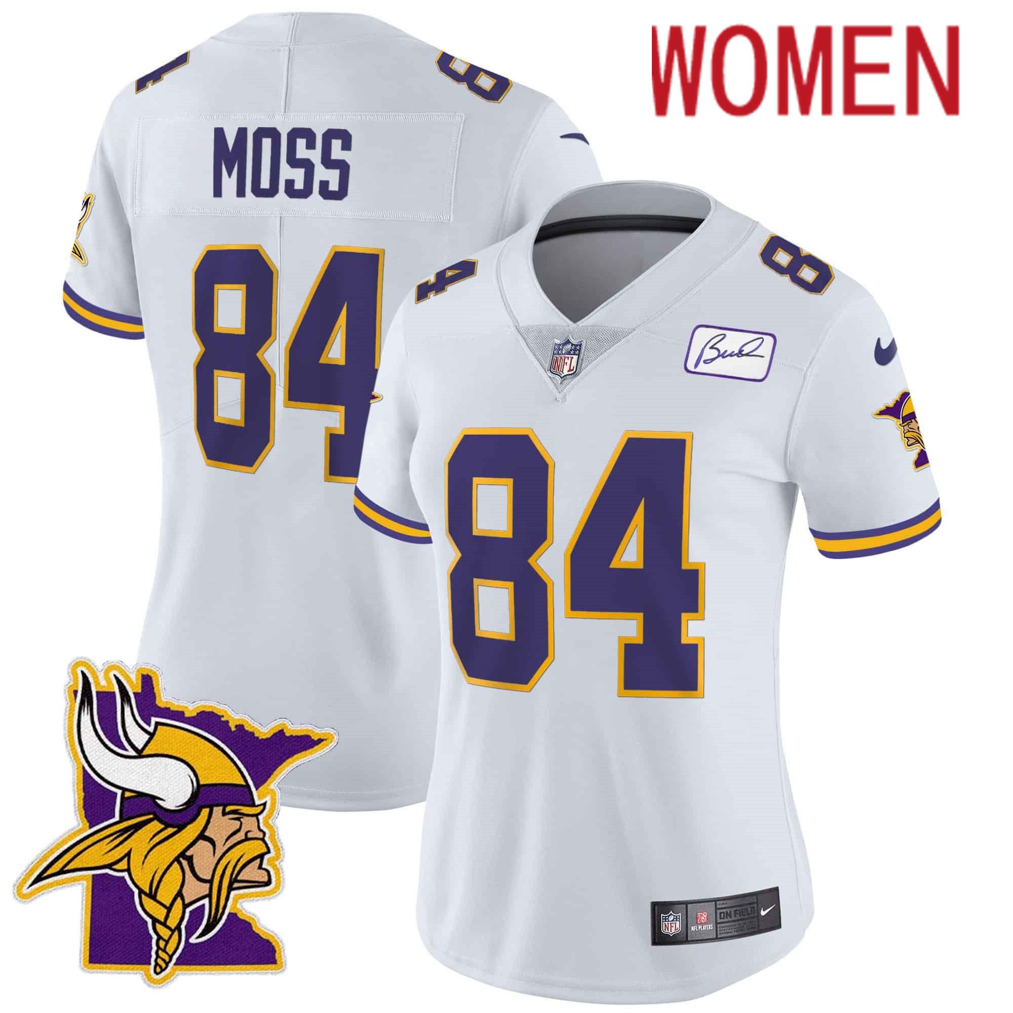 Women Minnesota Vikings 84 Moss White 2024 Nike Patch Classic Limited NFL Jersey